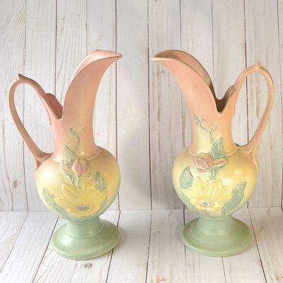 LOT 77  VINTAGE HULL POTTERY MATCHING PAIR EWERS PASTELS 