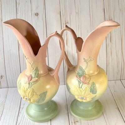 LOT 77  VINTAGE HULL POTTERY MATCHING PAIR EWERS PASTELS 