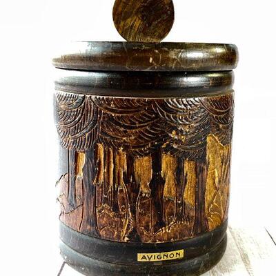 LOT 78  VINTAGE BLACK FORREST STYLE TOBACCO CAN & WOODEN PIPE
