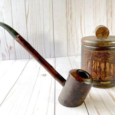 LOT 78  VINTAGE BLACK FORREST STYLE TOBACCO CAN & WOODEN PIPE