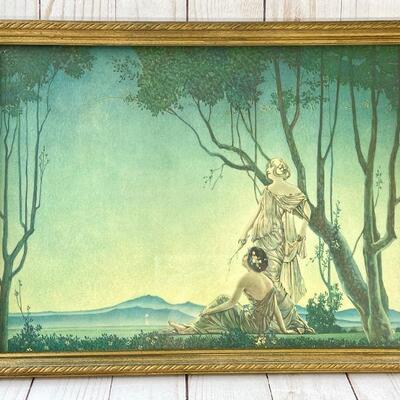 LOT 80  ANTIQUE ART DECO GODDESSES PARRISH STYLE FRAMED PRINT BLUE/GREEN SKY 