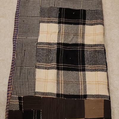 Lot 674: Vintage Wool Plaids Quilt 82" Ã— 50" (black, white & browns)