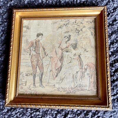 LOT 87  VINTAGE FRAMED SCENIC TEXTILE MAN w/2 LADIES 