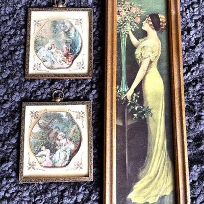 LOT 88 VINTAGE 3 FRAMED BOUCHER ROMANTIC THEME ART NOUVEAU PRETTY LADY  