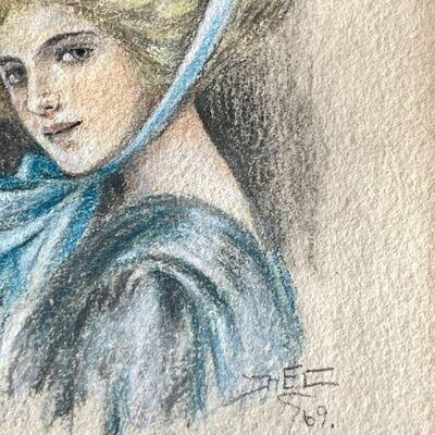 LOT 89  PASTEL DRAWING LADY IN A BIG HAT ARTWORK SIGNED H.E.C.