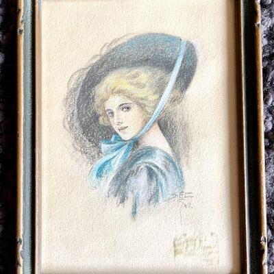 LOT 89  PASTEL DRAWING LADY IN A BIG HAT ARTWORK SIGNED H.E.C.