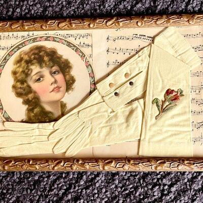 LOT 92  VINTAGE DECOR FRAMED COLLAGE KID GLOVES ROSE PRETTY LADY SHEET MUSIC  