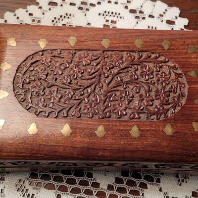  LOT 692:  Carved Wood Box with Brass Inlay 8" Ã— 4" 