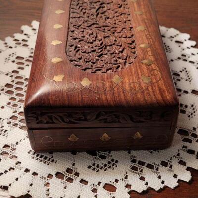  LOT 692:  Carved Wood Box with Brass Inlay 8" Ã— 4" 