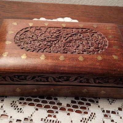  LOT 692:  Carved Wood Box with Brass Inlay 8" Ã— 4" 