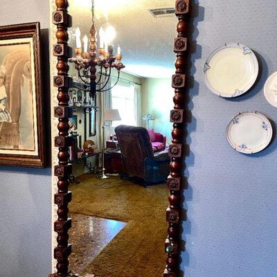 LOT 99  ANTIQUE FULL LENGTH MIRROR BLOCK & SPINDLE FRAME