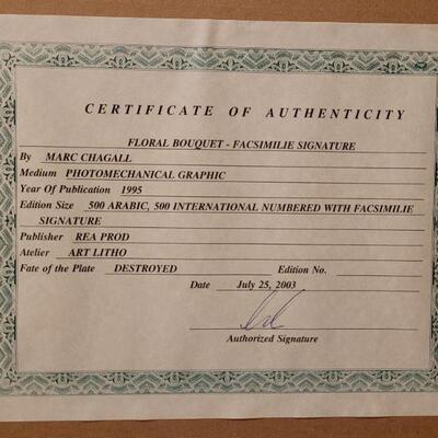 Lot 729: Marc Chagall Limited Edition Pencil Numbered Lithograph "Floral Bouquet" Facsimile Signature with Certificate of...