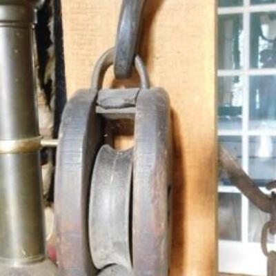 Vintage Wood Single Barn or Nautical Pulley with Hook