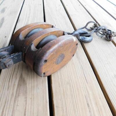 Vintage Wood  Barn or Nautical Double Pulley with Hook