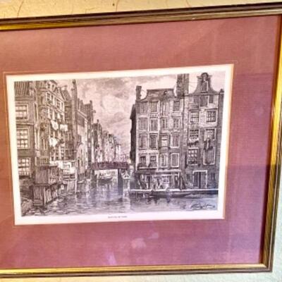 Antique Dutch Etching of Jewish Quarter of Amsterdam  Matted & Framed