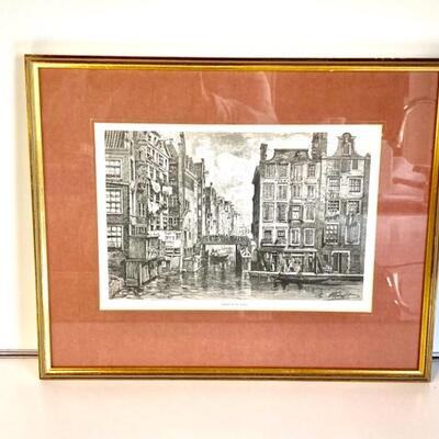 Antique Dutch Etching of Jewish Quarter of Amsterdam  Matted & Framed