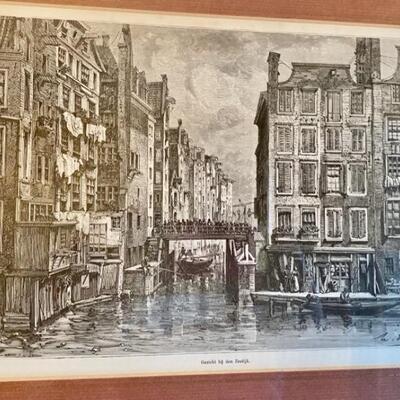 Antique Dutch Etching of Jewish Quarter of Amsterdam  Matted & Framed