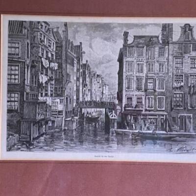 Antique Dutch Etching of Jewish Quarter of Amsterdam  Matted & Framed