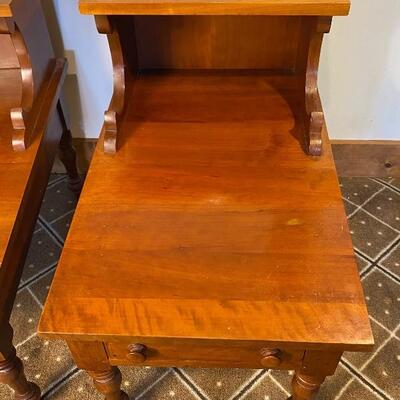 Quality Pair of Cherry Step Back End Tables/Drawer