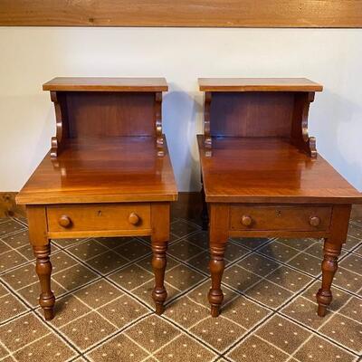 Quality Pair of Cherry Step Back End Tables/Drawer