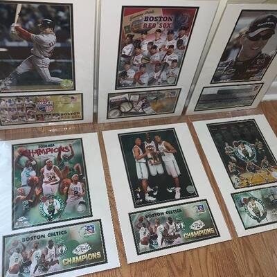 Lot of 3 Boston Celtics, 2 Boston Red Sox & 1 NASCAR Photo/Postcard & Cancelled Stamp Card 