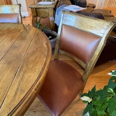 Gorgeous rustic custom kitchen table and six leather chairs