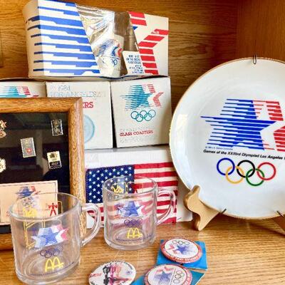 OLY 136  GROUP 3 SOUVENIRS 1984 OLYMPIC GAMES LOS ANGELES CUPS COASTERS MUGS FRAMED PINS
