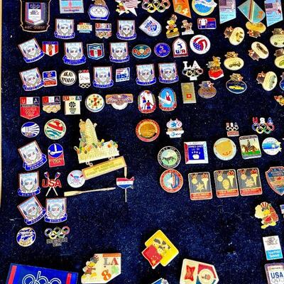LOT 143  16 X 20 FRAMED PINS 1984 OLYMPICS LOS ANGELES SPONSORS SUPPORTERS & UNUSED FRAME 