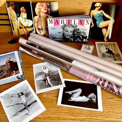 LOT 156  MARILYN MONROE GROUP OF POSTERS & PIN UP POST CARDS MATCHES PLUS ART PRINT