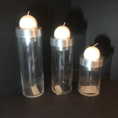 P - 1106  Three Glass / Silver Candle Holders 