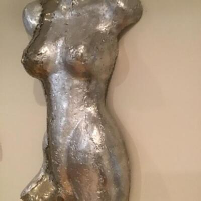 P - 1111 Signed Rock Richardson Decorative Sculpture Female Torso Artwork in Pewter/Bronze Metal