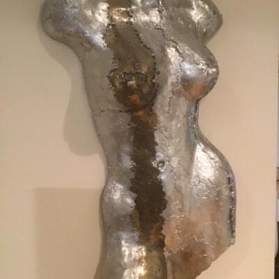 P - 1111 Signed Rock Richardson Decorative Sculpture Female Torso Artwork in Pewter/Bronze Metal