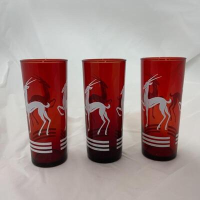 .52. VINTAGE | Hazel Atlas | Three Red Gazelle Glasses | MCM