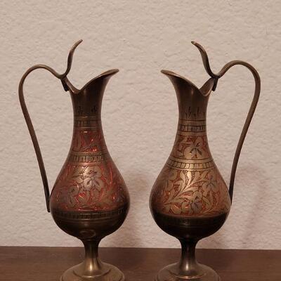 Lot 837: Pair of Middle Eastern Pitchers - Brass with Copper