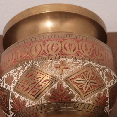 Lot 841: Persian Enamel and Brass Vase with Flower Frog