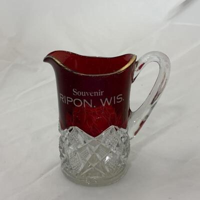 .65. VINTAGE | Ripon, Wisconsin Souvenir | Ruby Flash Glass Pitcher