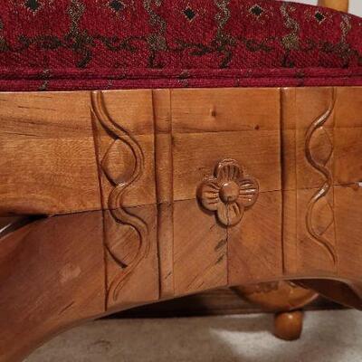 Lot 984: Vintage Ornate Padded Bench Carved Wood Diamond Joints 