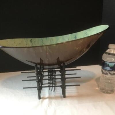 P - 1138 Scott Amrhein Glass Feather Bowl  on Metal Stand 