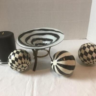 P - 1145 HandBlown Black and White Bowl on Metal Stand, Decorative Balls, Candle 