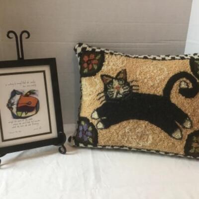 P - 1148  Decorative Hooked Cat Pillow & Signed Print â€œ Almost New Age â€œ 