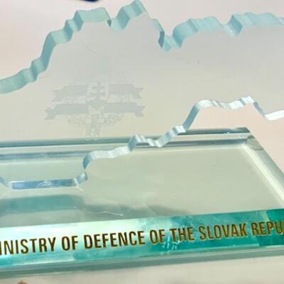 Presentation Crystal Sculptural Paperweight Slovakian Defense Ministry
