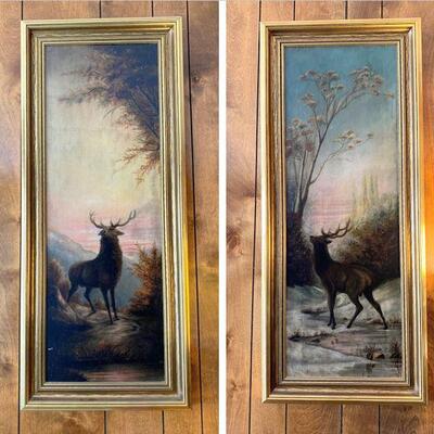 Pair of late Victorian paintings-majestic Elks in mountain scenes