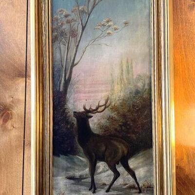 Pair of late Victorian paintings-majestic Elks in mountain scenes
