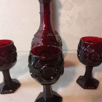 1417 = Rose Colored Decanter and 3 goblets