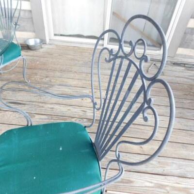 Nice Vintage Wrought Iron Chairs with Glass Top Table and Metal Urn Post Pedestal 60