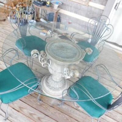 Nice Vintage Wrought Iron Chairs with Glass Top Table and Metal Urn Post Pedestal 60