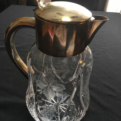 Etched Glass Vintage Pitcher with Silverplate Lid Grape Pattern 11.5”.