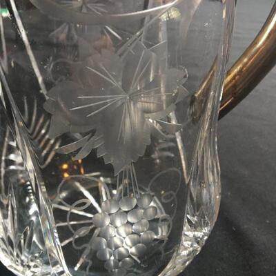 Etched Glass Vintage Pitcher with Silverplate Lid Grape Pattern 11.5â€.