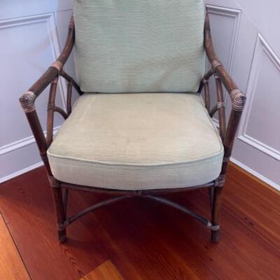 A226 McGuire Green Cushion Rattan Arm Chair 