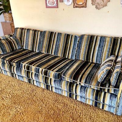 LOT 164  MCM 1970s LOW & LONG 8 FOOT SOFA GOLD CASTORS STRIPE VELVET